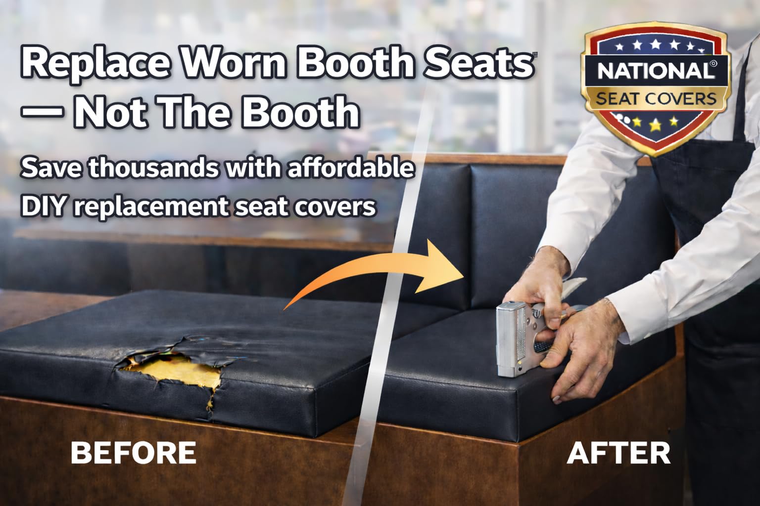 DIY Restaurant Booth Commercial Grade Vinyl Seat Bottom Custom Fit Replacement Cover - DIY STAPLE ON Installation With Color Choices