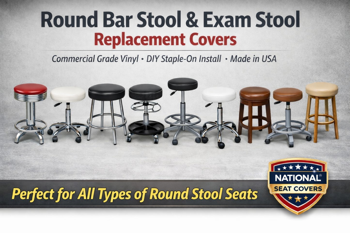 Round Bar Stool Seat Cover Staple-On Heavy Duty Vinyl Restaurant Office Medical