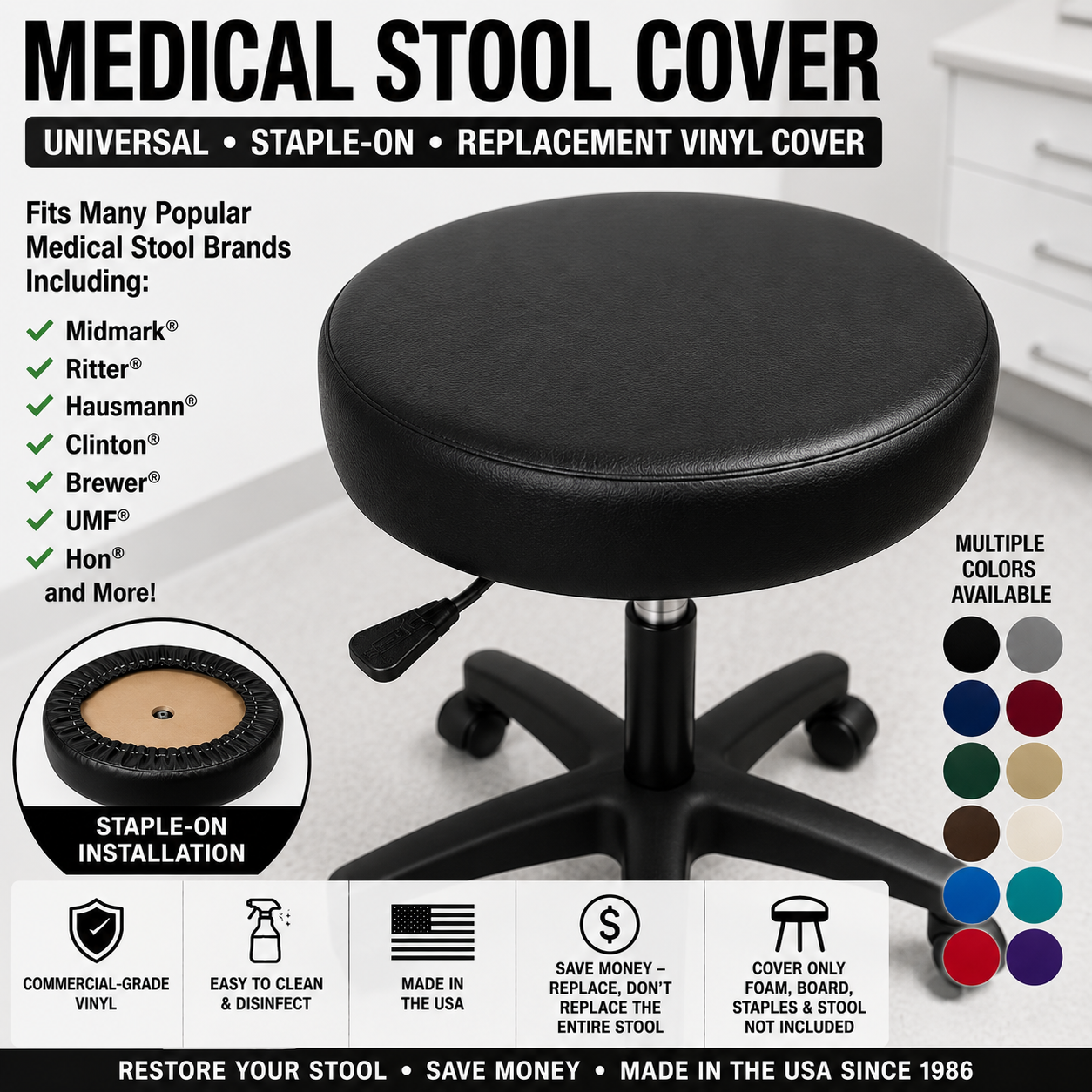 Universal Medical Stool Cover | Fits Midmark®, Ritter®, Hausmann®, Clinton® & More